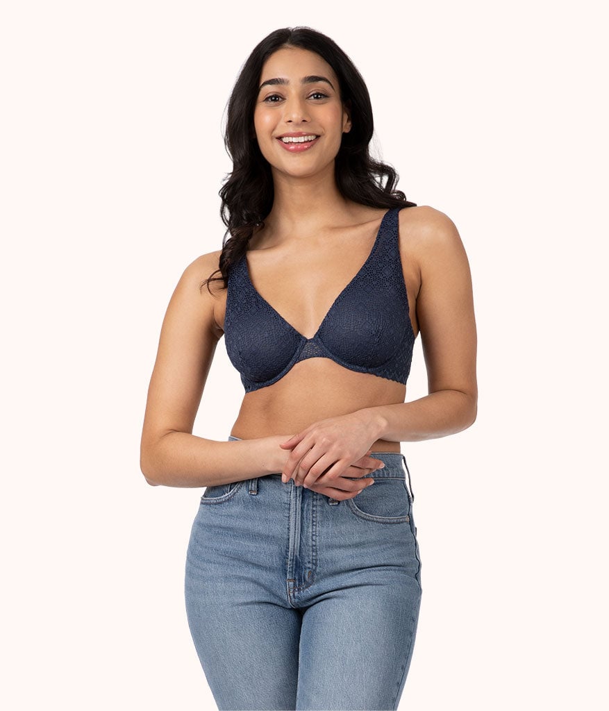 The Crochet Lace Unlined Plunge Bra: Navy