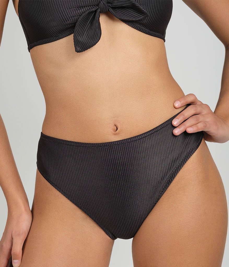 The Swim Ribbed High Waist Bikini Bottom: Jet Black